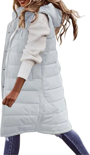 Womens Long Winter Coat Vest With Hood Sleeveless Warm Down Loose Coat With Pockets Quilted Petite Winter Jackets