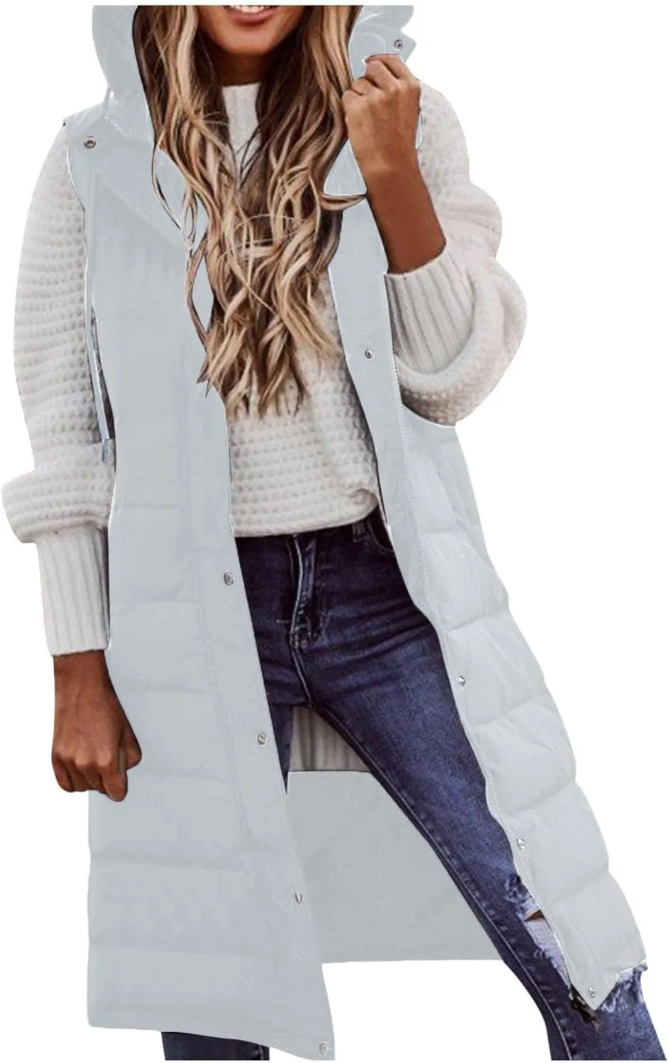 Womens Long Winter Coat Vest With Hood Sleeveless Warm Down Loose Coat With Pockets Quilted Petite Winter Jackets