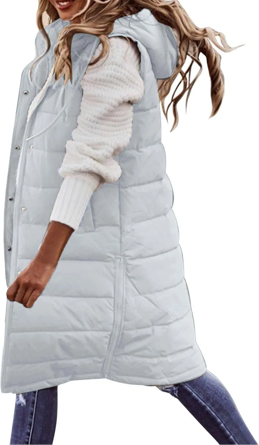 Womens Long Winter Coat Vest With Hood Sleeveless Warm Down Loose Coat With Pockets Quilted Petite Winter Jackets
