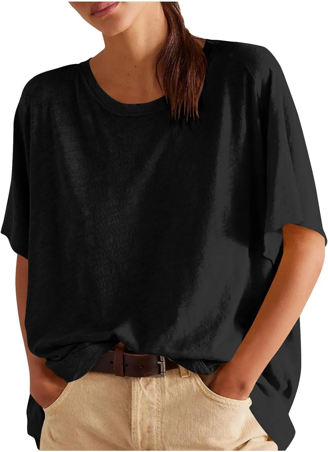 Womens Oversized T Shirts Summer Short Sleeve Tops Casual Classic Crew Neck Plain Tunic Loose Drop Shoulder Blouses