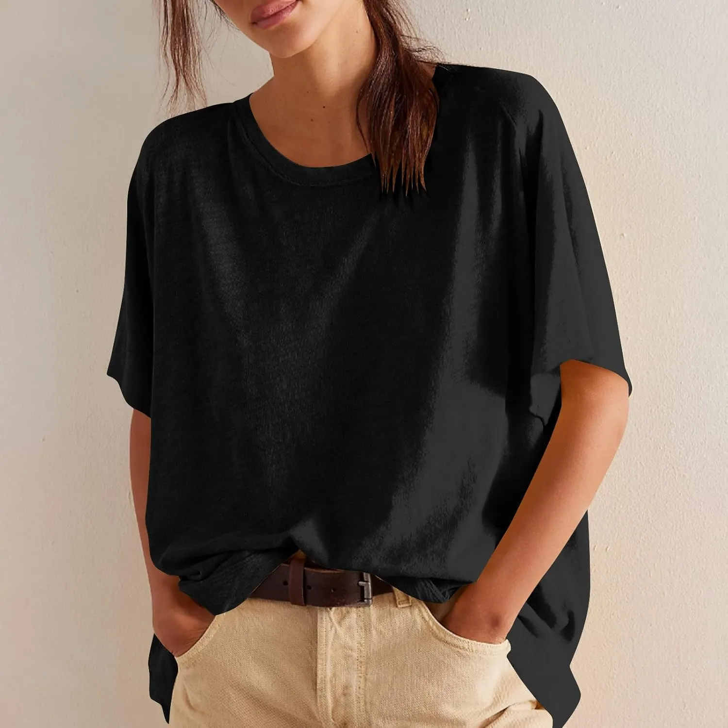 Womens Oversized T Shirts Summer Short Sleeve Tops Casual Classic Crew Neck Plain Tunic Loose Drop Shoulder Blouses