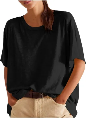 Womens Oversized T Shirts Summer Short Sleeve Tops Casual Classic Crew Neck Plain Tunic Loose Drop Shoulder Blouses