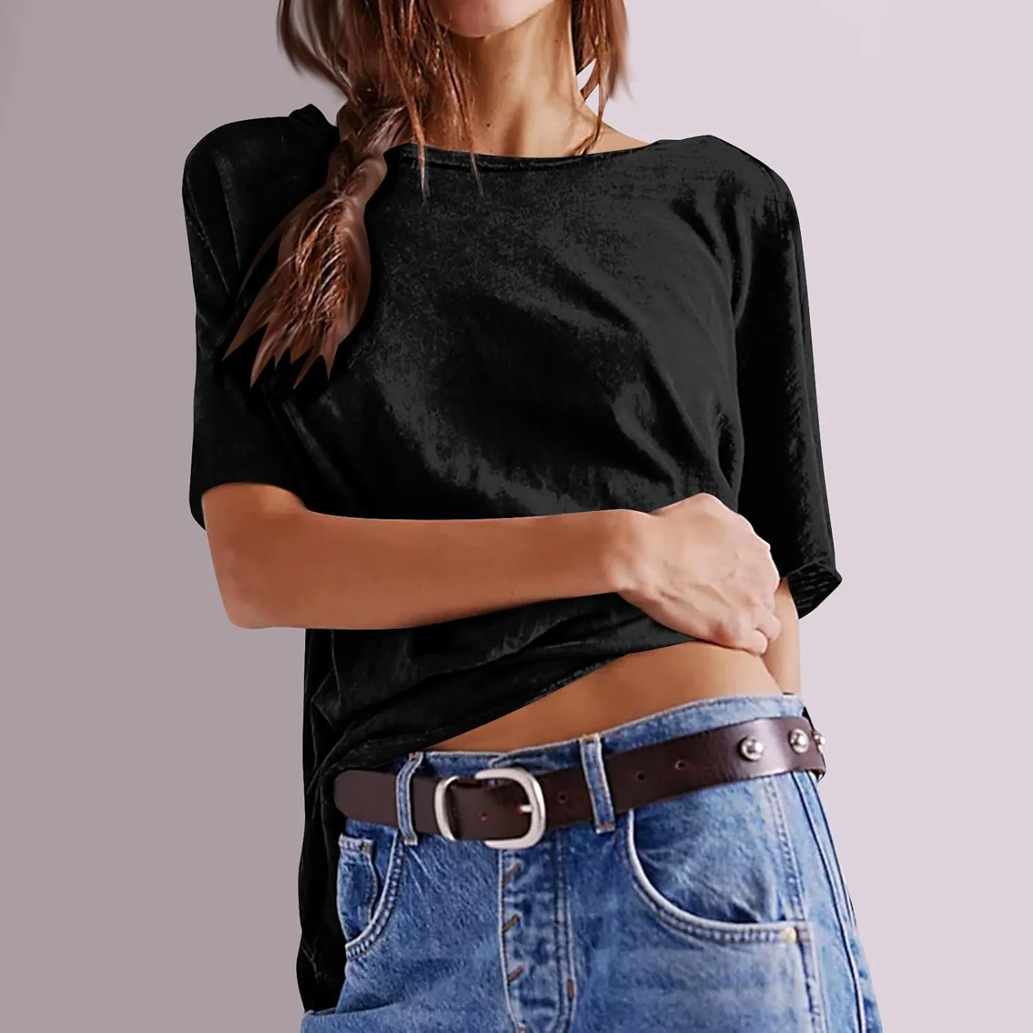 Womens Oversized T Shirts Summer Short Sleeve Tops Casual Classic Crew Neck Plain Tunic Loose Drop Shoulder Blouses