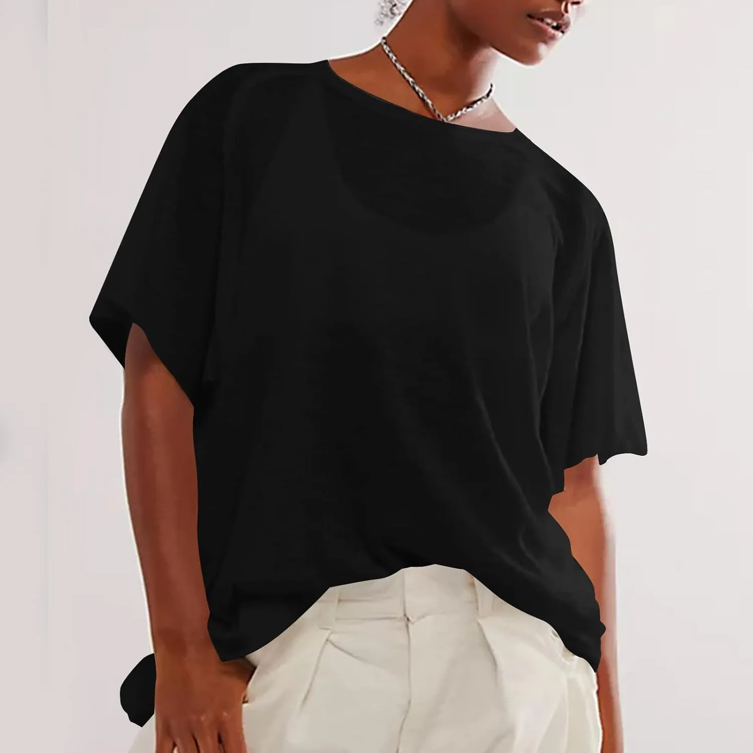 Womens Oversized T Shirts Summer Short Sleeve Tops Casual Classic Crew Neck Plain Tunic Loose Drop Shoulder Blouses