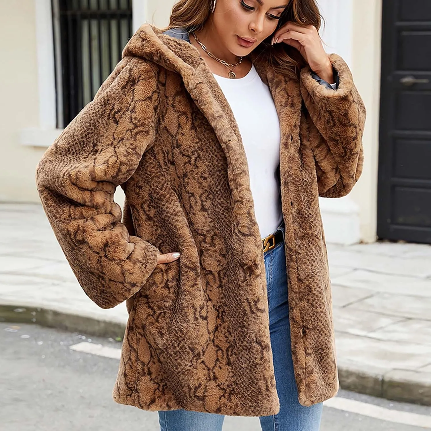 Womens Oversized Teddy Coat Button Up Hooded Overcoat Thicken Long Winter Warm Outwear Faux Fur Longline Cardigan