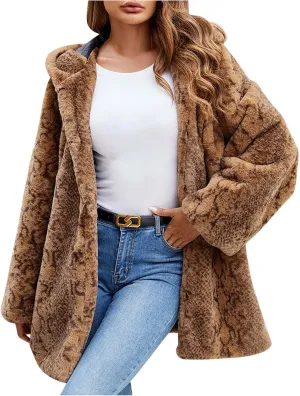 Womens Oversized Teddy Coat Button Up Hooded Overcoat Thicken Long Winter Warm Outwear Faux Fur Longline Cardigan