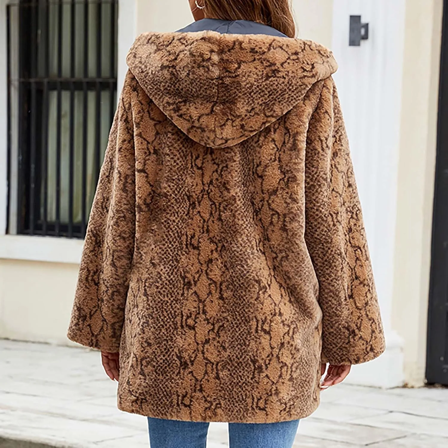 Womens Oversized Teddy Coat Button Up Hooded Overcoat Thicken Long Winter Warm Outwear Faux Fur Longline Cardigan