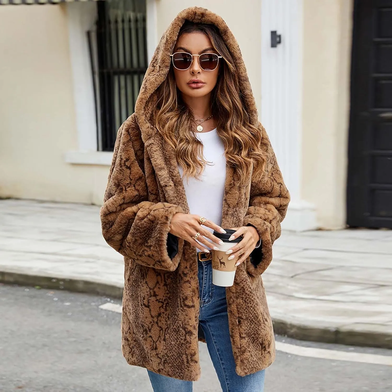 Womens Oversized Teddy Coat Button Up Hooded Overcoat Thicken Long Winter Warm Outwear Faux Fur Longline Cardigan