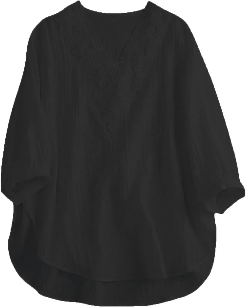 Womens Peasant Tops 3/4 Sleeve Summer Fashion Blouses Embroidered Shirts Fashion Curved Hem Cotton Linen T-Shirts