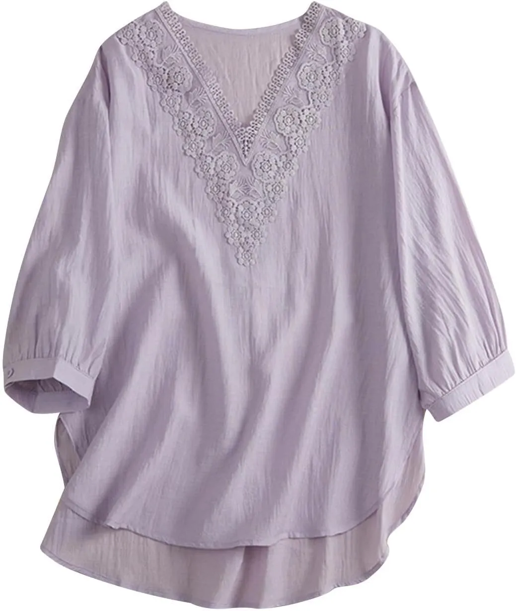 Womens Peasant Tops 3/4 Sleeve Summer Fashion Blouses Embroidered Shirts Fashion Curved Hem Cotton Linen T-Shirts