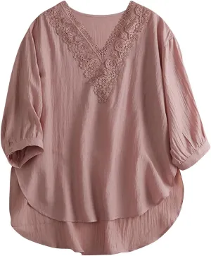 Womens Peasant Tops 3/4 Sleeve Summer Fashion Blouses Embroidered Shirts Fashion Curved Hem Cotton Linen T-Shirts