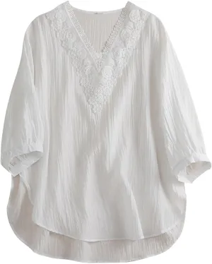 Womens Peasant Tops 3/4 Sleeve Summer Fashion Blouses Embroidered Shirts Fashion Curved Hem Cotton Linen T-Shirts