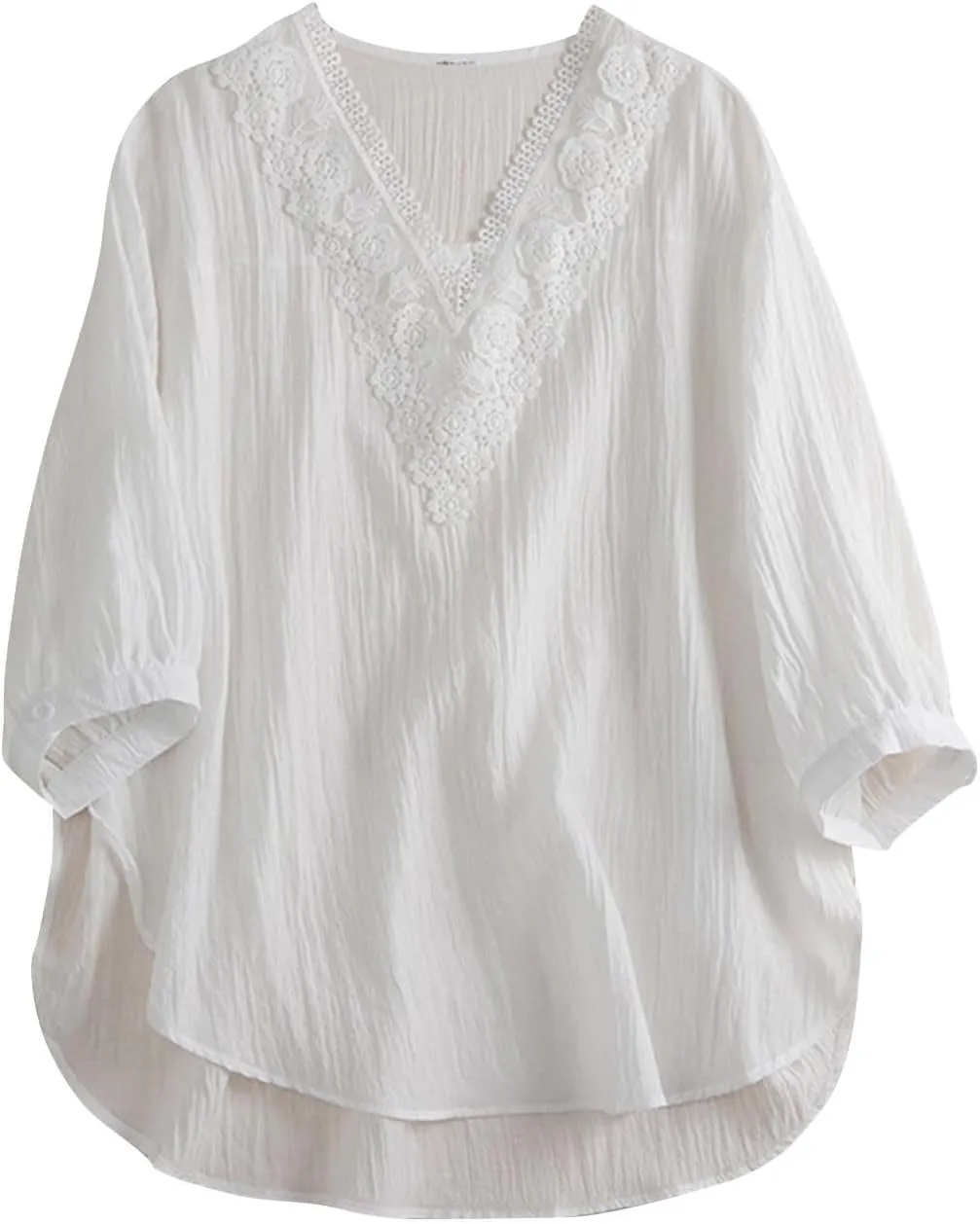 Womens Peasant Tops 3/4 Sleeve Summer Fashion Blouses Embroidered Shirts Fashion Curved Hem Cotton Linen T-Shirts
