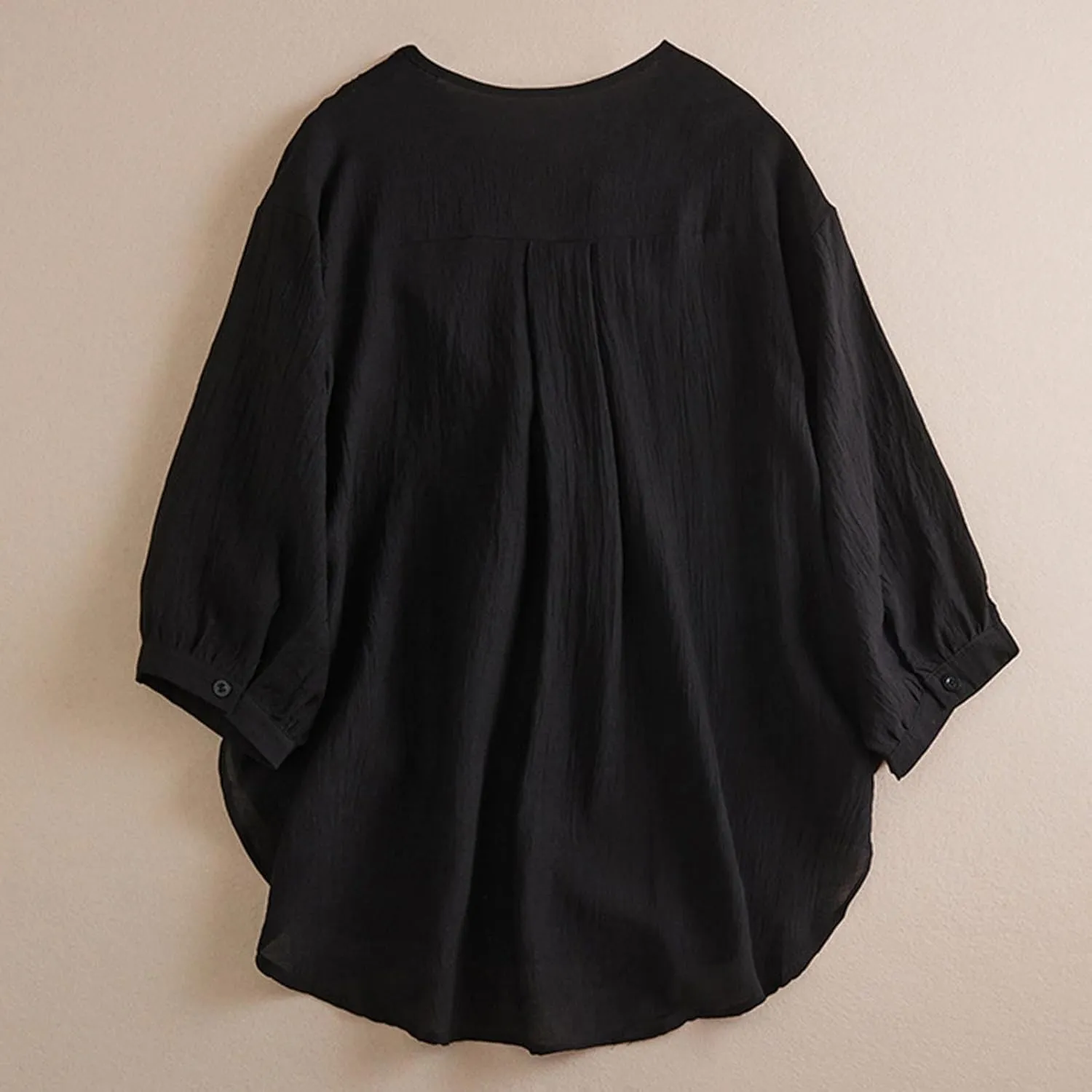 Womens Peasant Tops 3/4 Sleeve Summer Fashion Blouses Embroidered Shirts Fashion Curved Hem Cotton Linen T-Shirts