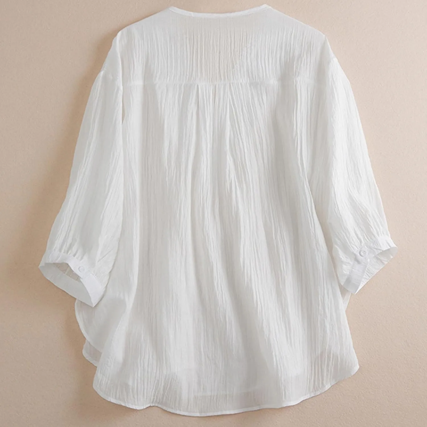 Womens Peasant Tops 3/4 Sleeve Summer Fashion Blouses Embroidered Shirts Fashion Curved Hem Cotton Linen T-Shirts