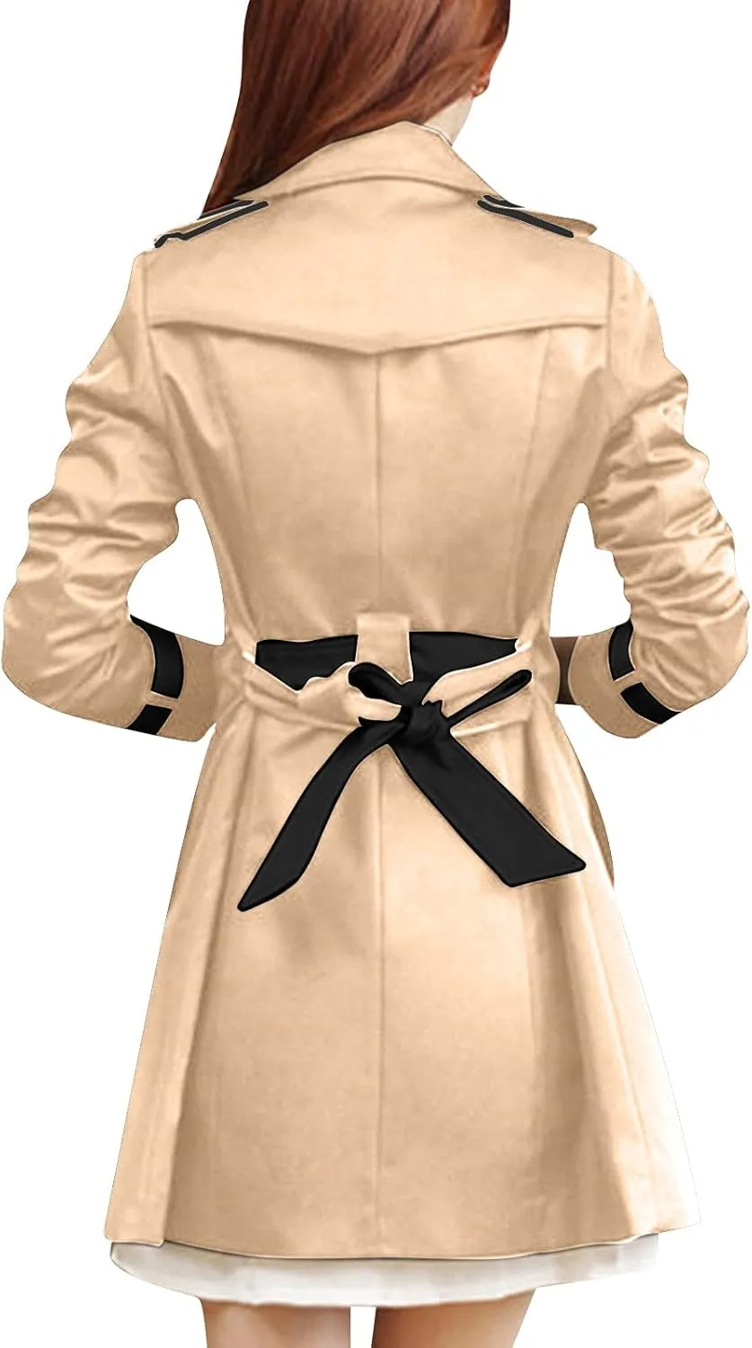 Womens Petite Trench Coat Lightweight Suit Jacket Winter Fall Buttons Back Bow Bandgae Windbreaker Jacket Coat