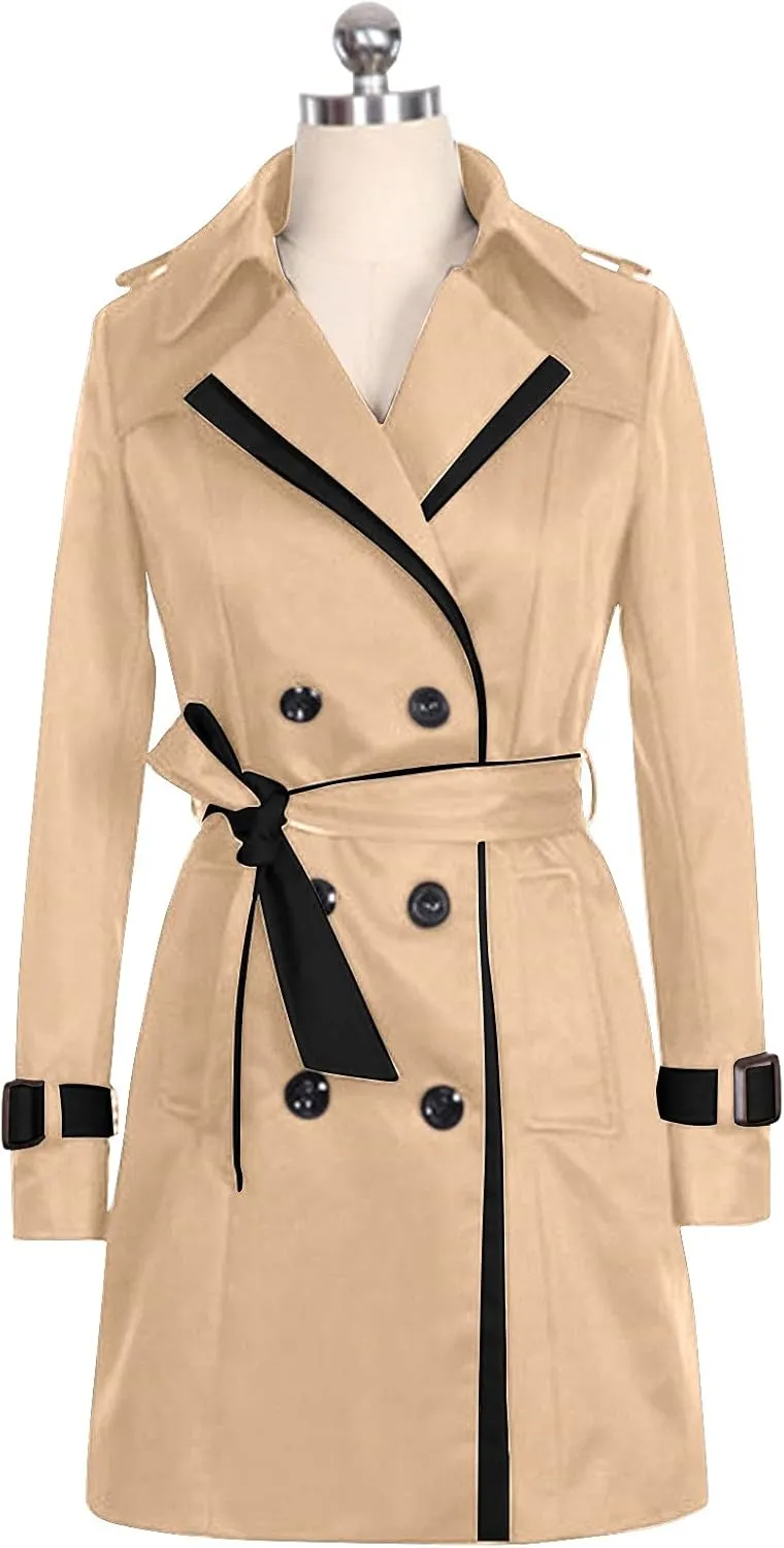 Womens Petite Trench Coat Lightweight Suit Jacket Winter Fall Buttons Back Bow Bandgae Windbreaker Jacket Coat