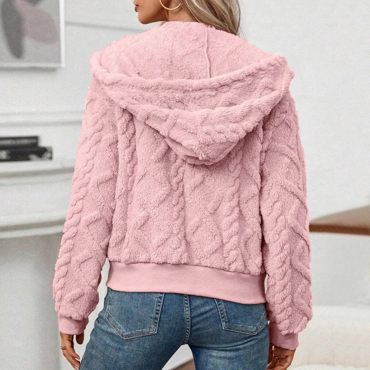 Womens Plush Pullover Jacket Solid Color Full Zip Hooded Sweatshirts Lightweight Loose Stand Collar Fleece Jackets