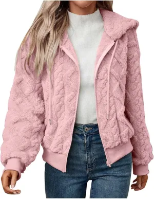 Womens Plush Pullover Jacket Solid Color Full Zip Hooded Sweatshirts Lightweight Loose Stand Collar Fleece Jackets