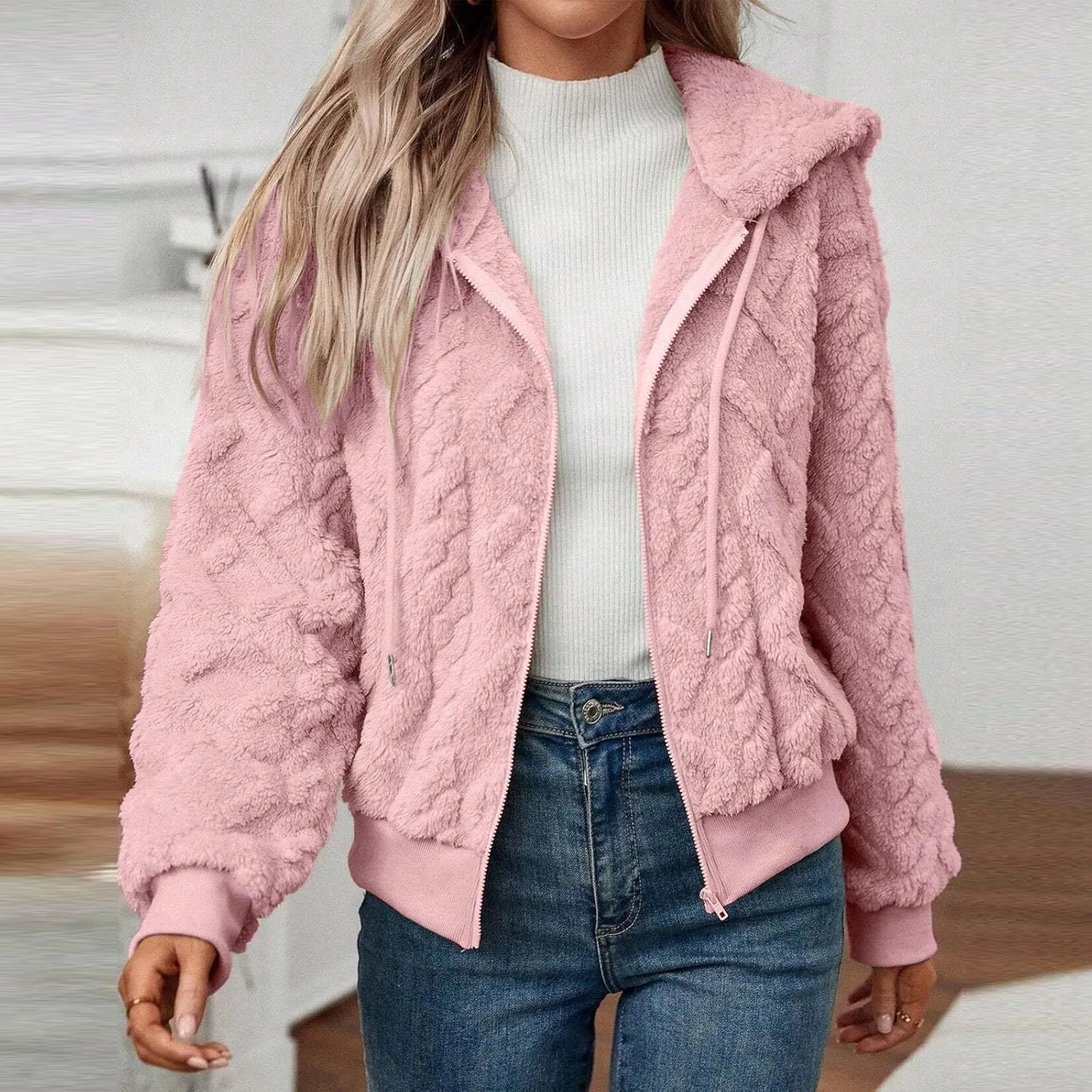 Womens Plush Pullover Jacket Solid Color Full Zip Hooded Sweatshirts Lightweight Loose Stand Collar Fleece Jackets