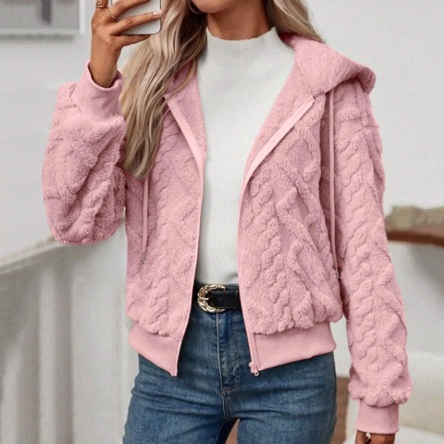 Womens Plush Pullover Jacket Solid Color Full Zip Hooded Sweatshirts Lightweight Loose Stand Collar Fleece Jackets