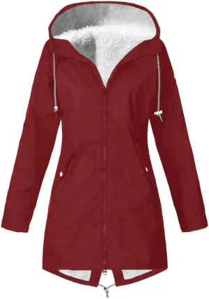 Women's Raincoats Fleece Lined Warm Winter Coats Long Sleeve Waterproof Rain Jackets Hooded Long Trench Coats
