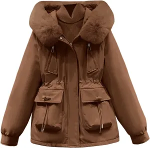 Women's Regular Fit Winter Cotton Jackets With Zipper Pockets Long Sleeve Full Zip Thickened Hooded Sweatshirt Coats