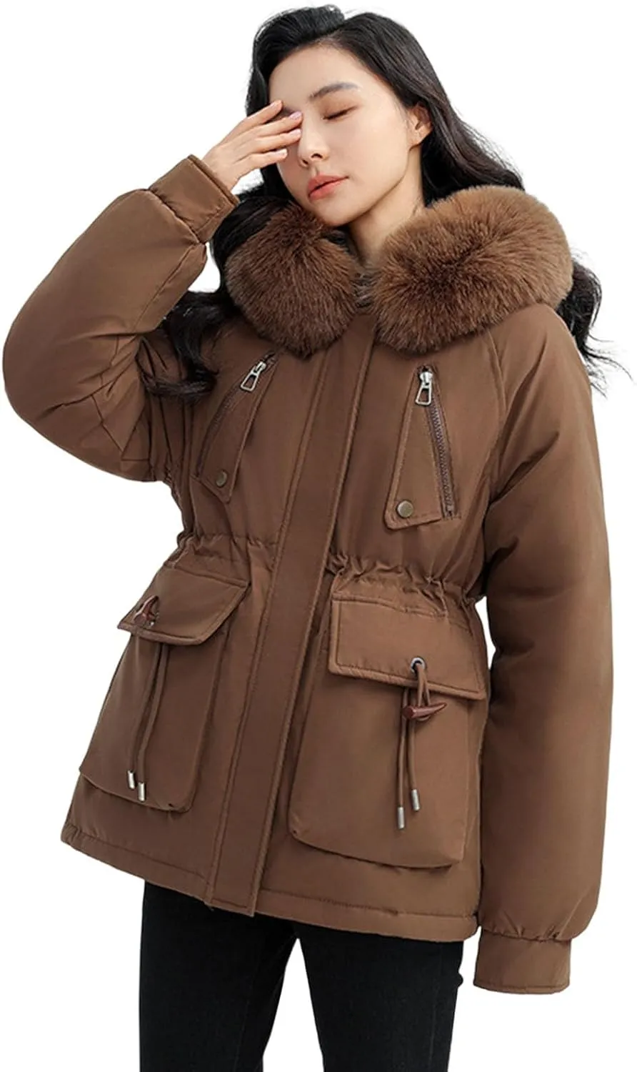 Women's Regular Fit Winter Cotton Jackets With Zipper Pockets Long Sleeve Full Zip Thickened Hooded Sweatshirt Coats