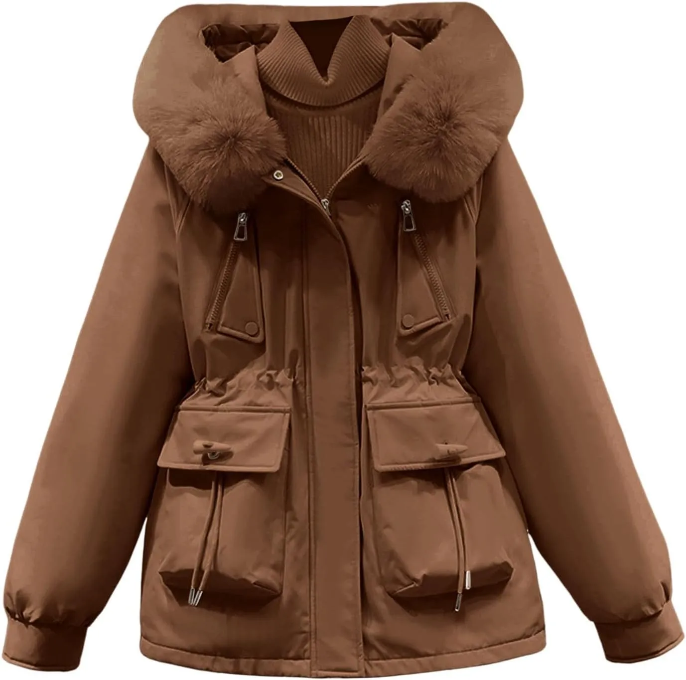 Women's Regular Fit Winter Cotton Jackets With Zipper Pockets Long Sleeve Full Zip Thickened Hooded Sweatshirt Coats