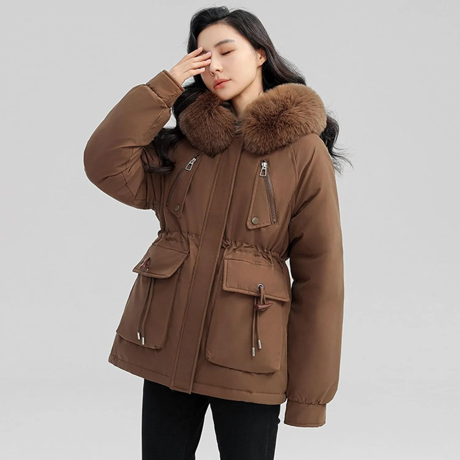 Women's Regular Fit Winter Cotton Jackets With Zipper Pockets Long Sleeve Full Zip Thickened Hooded Sweatshirt Coats