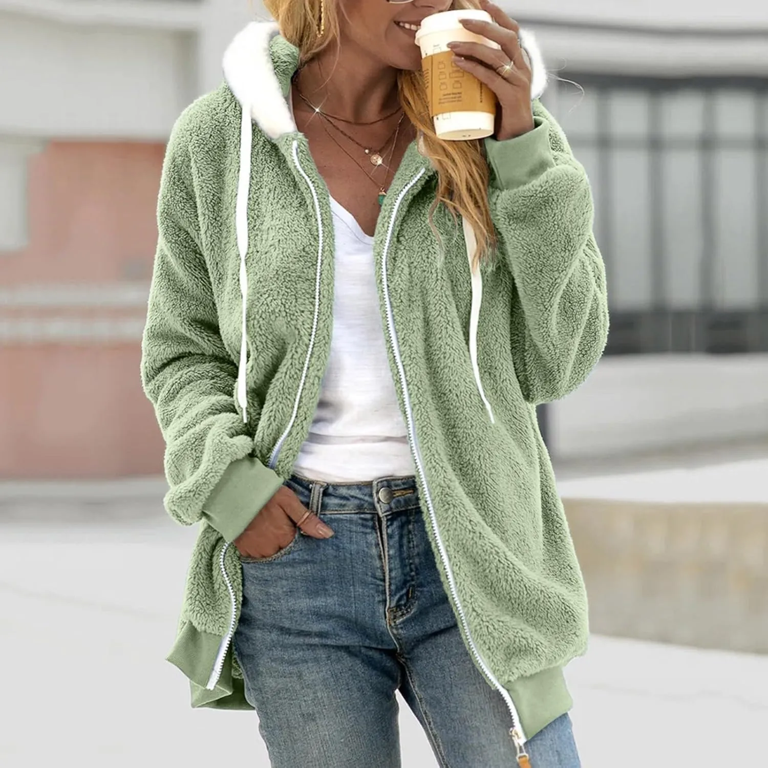 Women's Sherpa Lined Coat Long Sleeve Fleece Line Parka Thicken Thermal Women Fleece Jacket Comfy Hooded Oversized
