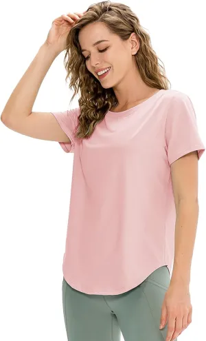 Women's Short Sleeve Workout Shirts Breathable UPF 50  Yoga Curved Hem T-Shirts Quick Dry Gym Running Athletic Tops