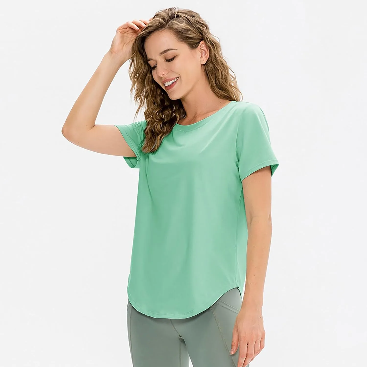 Women's Short Sleeve Workout Shirts Breathable UPF 50  Yoga Curved Hem T-Shirts Quick Dry Gym Running Athletic Tops