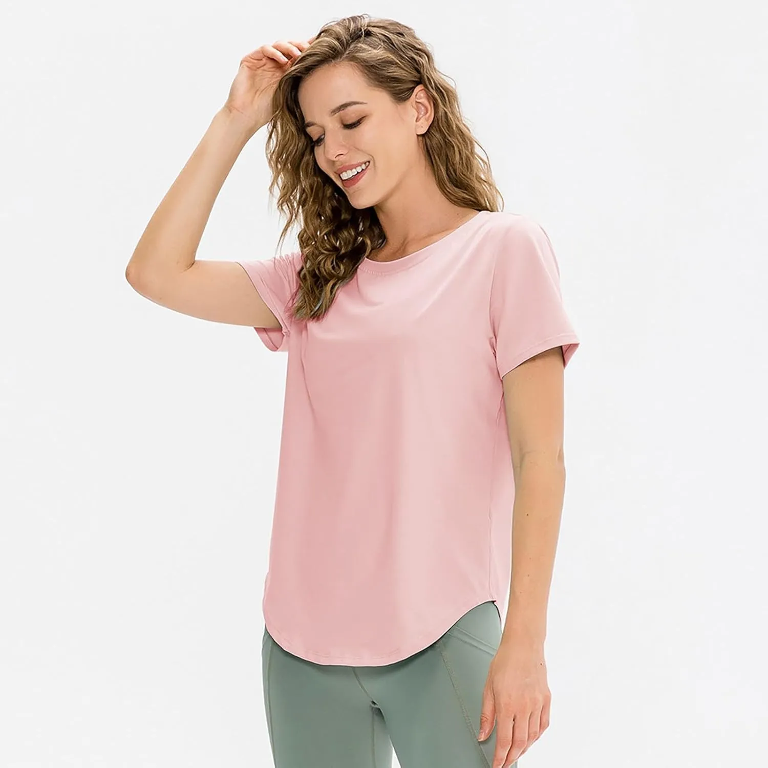 Women's Short Sleeve Workout Shirts Breathable UPF 50  Yoga Curved Hem T-Shirts Quick Dry Gym Running Athletic Tops