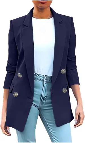 Womens Solid Long Sleeve Lapel Blazers Open Front Business Casual Tailored Jackets with Pockets Office Work Suit Coat
