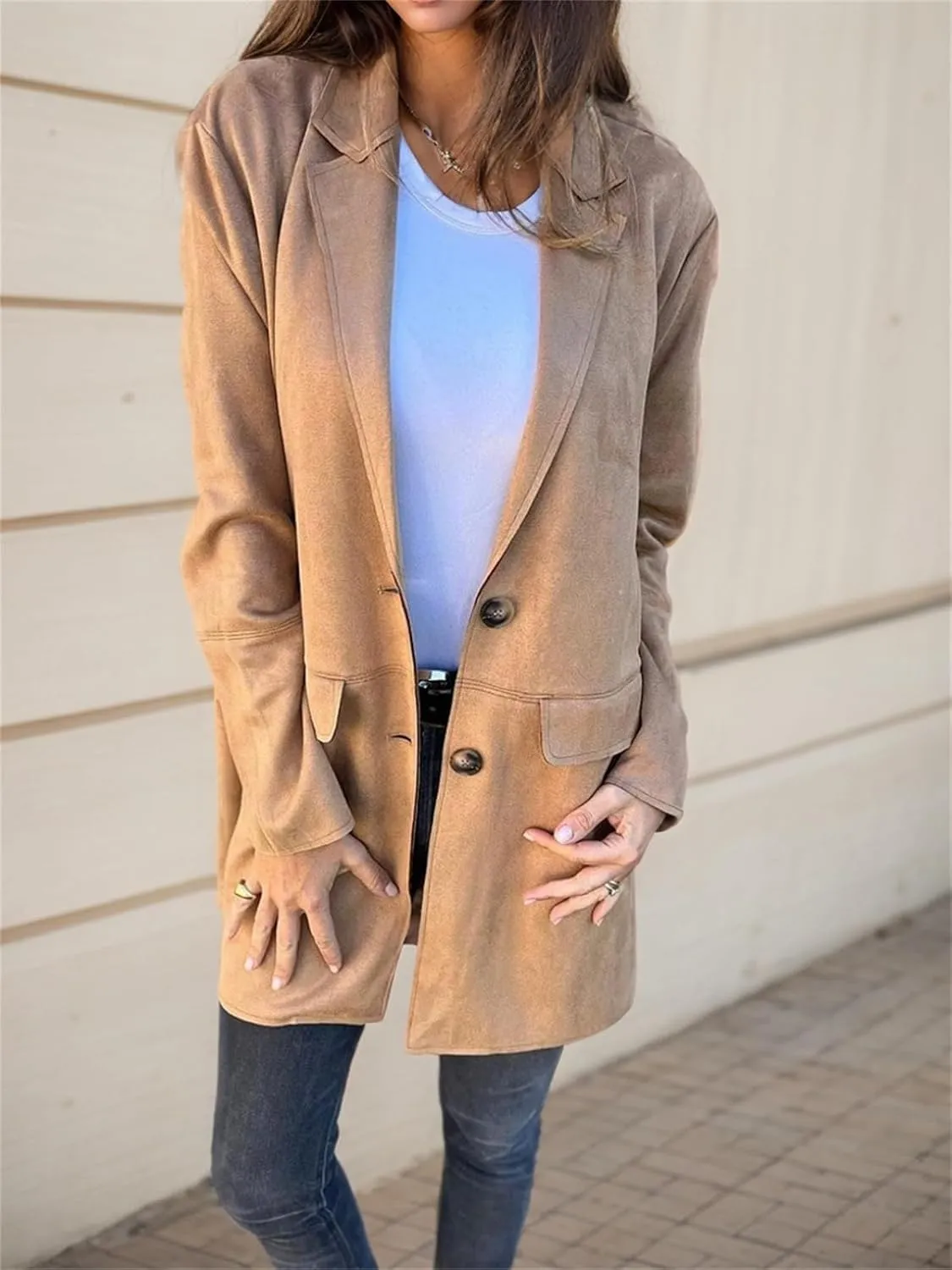 Womens Suede Blazer Button up Business Long Jackets Notched Lapel Faux Leather Trench Overcoats Pea Coats Winter Suit Outwear