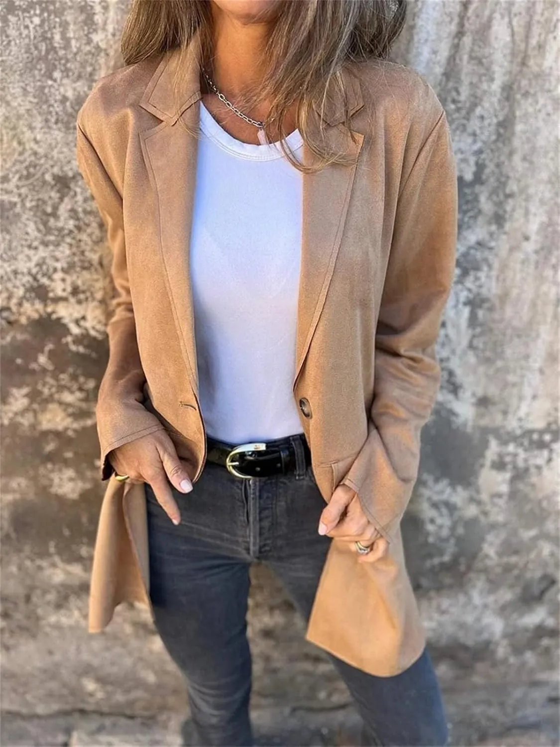 Womens Suede Blazer Button up Business Long Jackets Notched Lapel Faux Leather Trench Overcoats Pea Coats Winter Suit Outwear