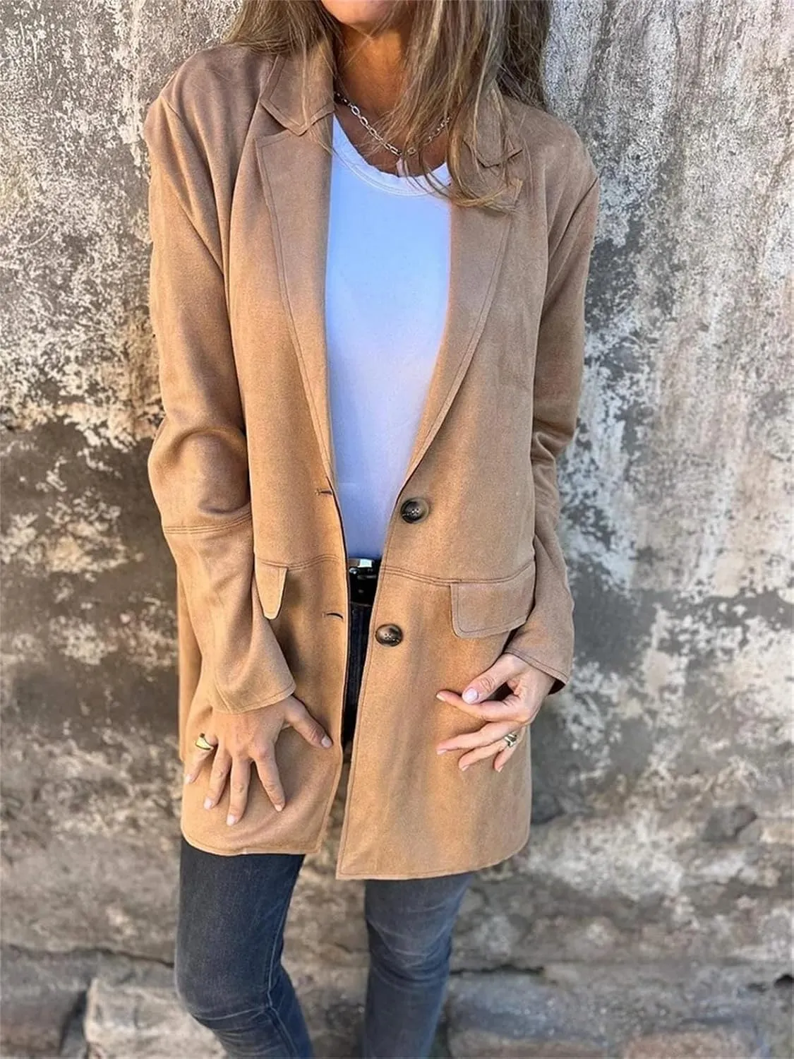 Womens Suede Blazer Button up Business Long Jackets Notched Lapel Faux Leather Trench Overcoats Pea Coats Winter Suit Outwear