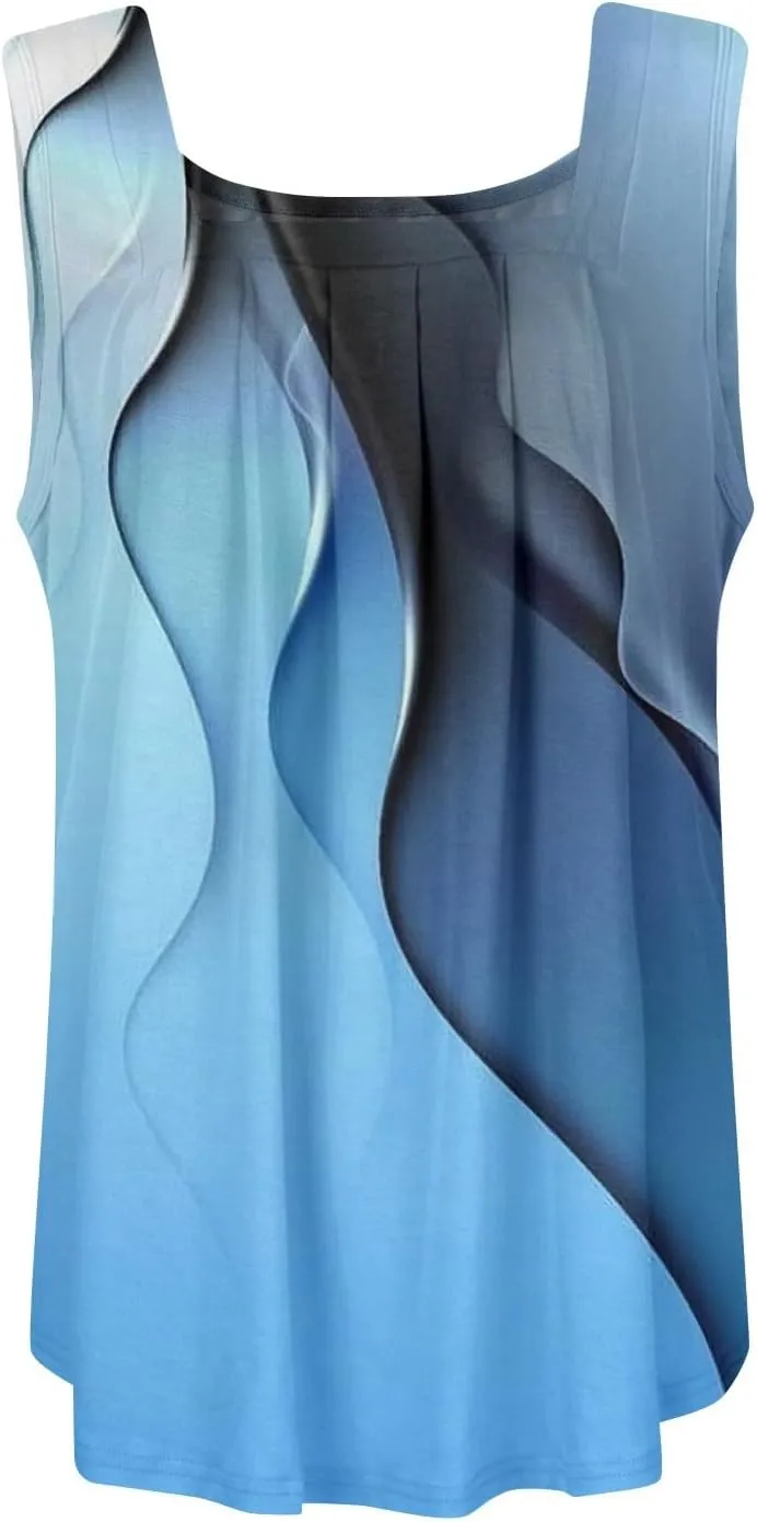 Women's Tank Top Summer Pleated Square Neck Sleeveless Shirt Casual Tunic Curved Hem Flowy Loose Fit Basic Blouse