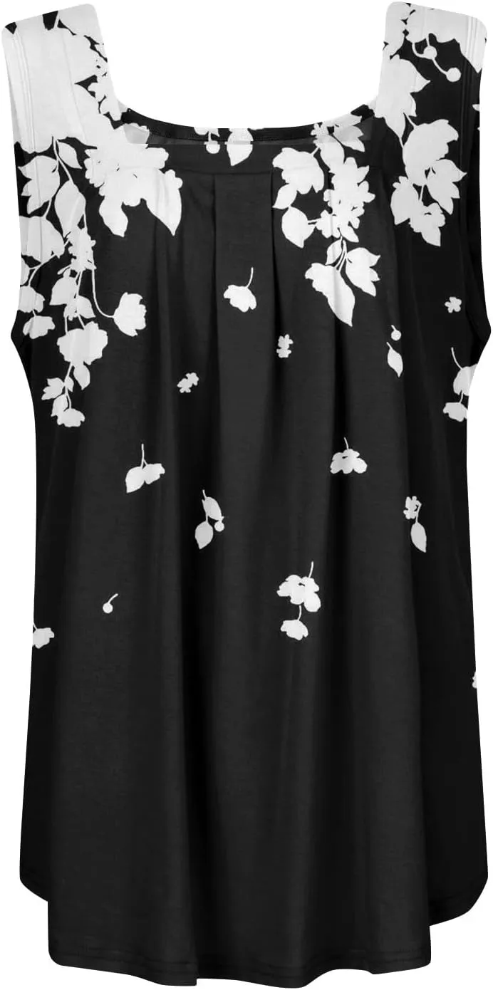 Women's Tank Top Summer Pleated Square Neck Sleeveless Shirt Casual Tunic Curved Hem Flowy Loose Fit Basic Blouse