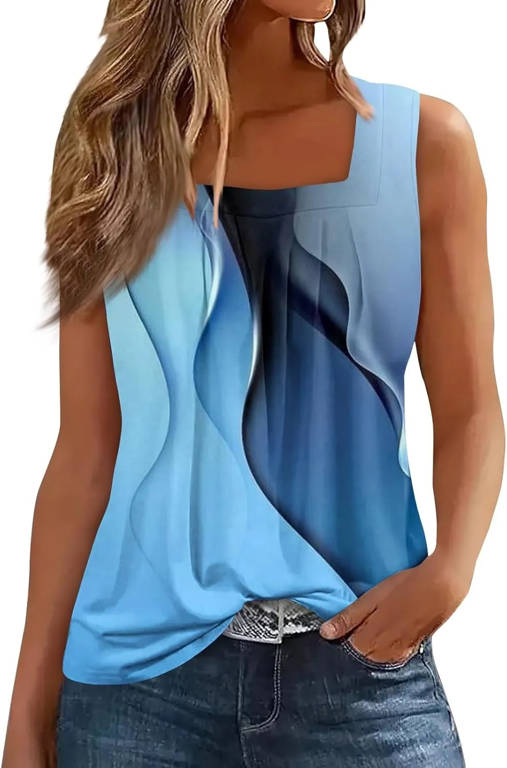 Women's Tank Top Summer Pleated Square Neck Sleeveless Shirt Casual Tunic Curved Hem Flowy Loose Fit Basic Blouse