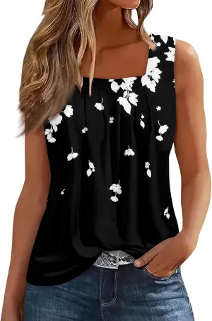 Women's Tank Top Summer Pleated Square Neck Sleeveless Shirt Casual Tunic Curved Hem Flowy Loose Fit Basic Blouse