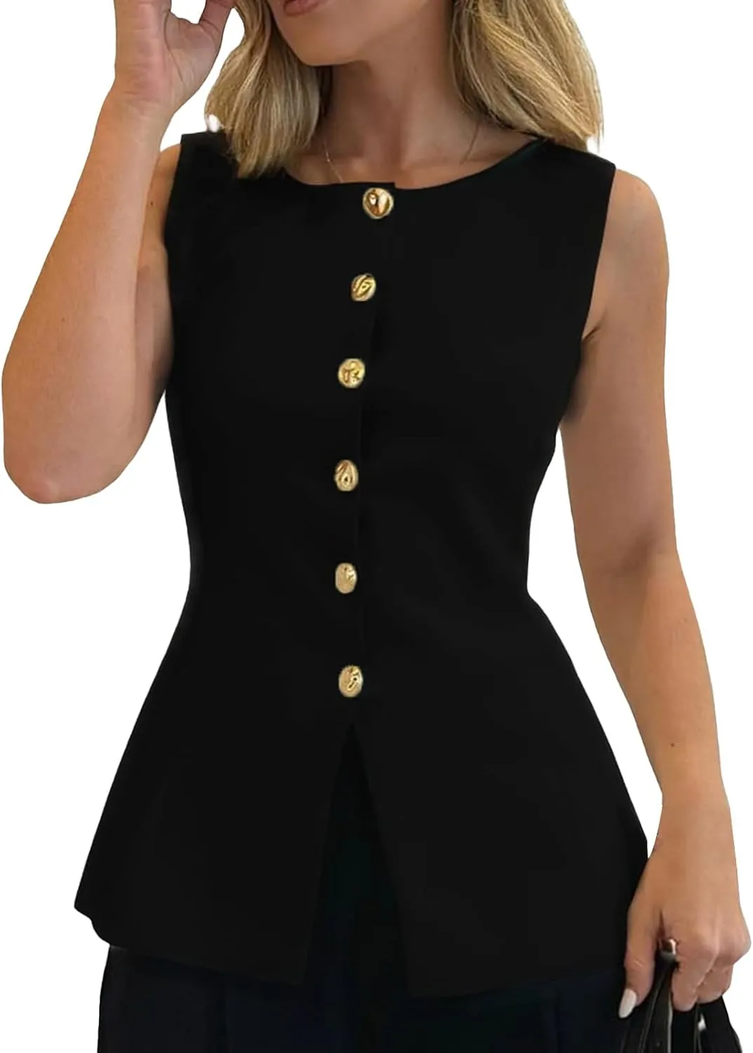 Womens Tank Tops Casual Crewneck Button Down Sleeveless Vest Summer Slim Fit Knitted Suit Blouses Cardigan Waistcoat