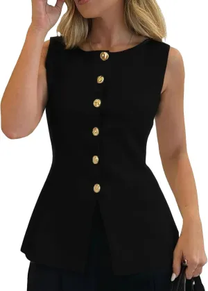 Womens Tank Tops Casual Crewneck Button Down Sleeveless Vest Summer Slim Fit Knitted Suit Blouses Cardigan Waistcoat