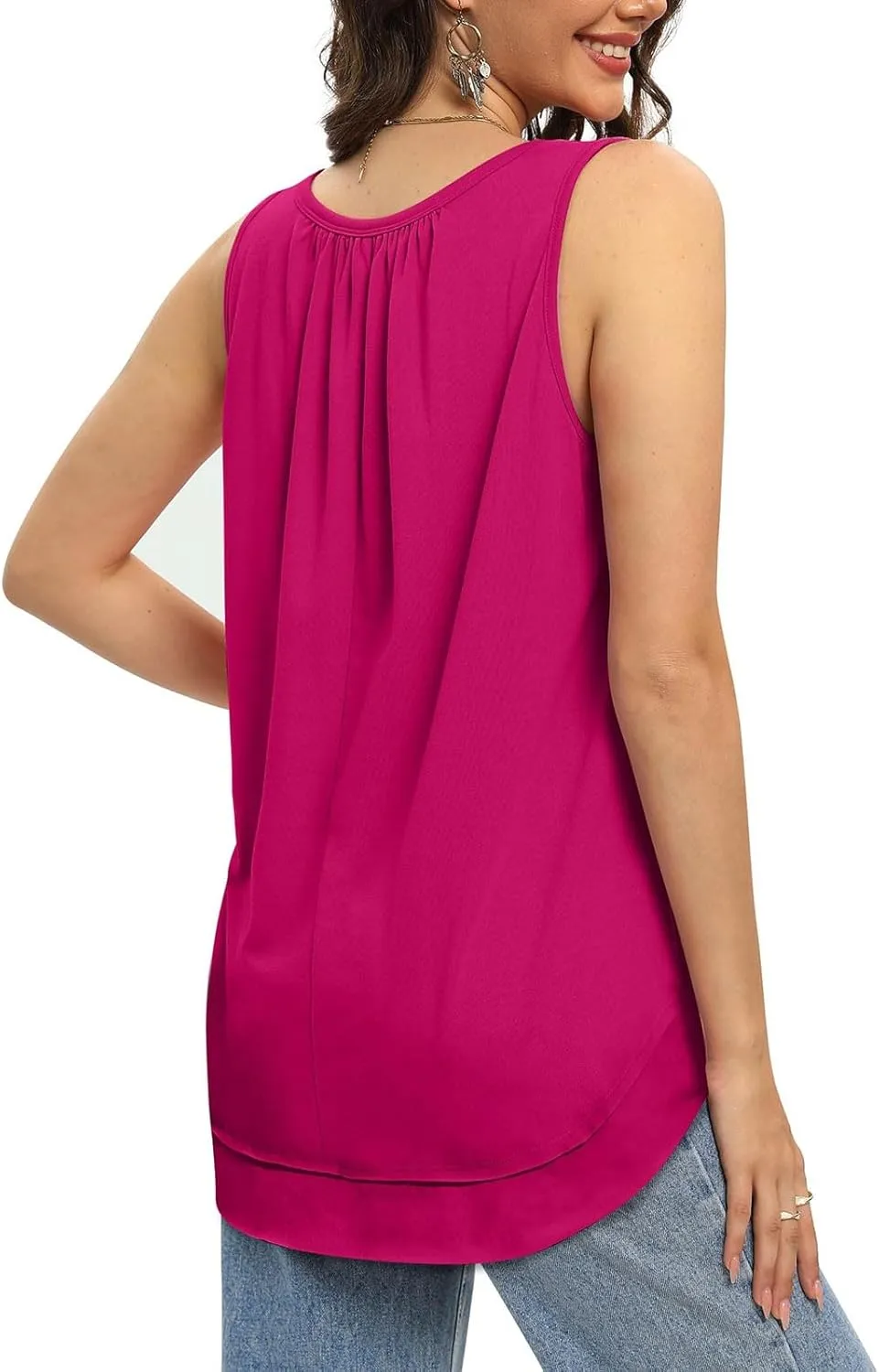 Womens Tank Tops Loose Fit Dressy Casual Sleeveless Shirt Summer Round Neck Pleated Front Tshirts with Curved Hem