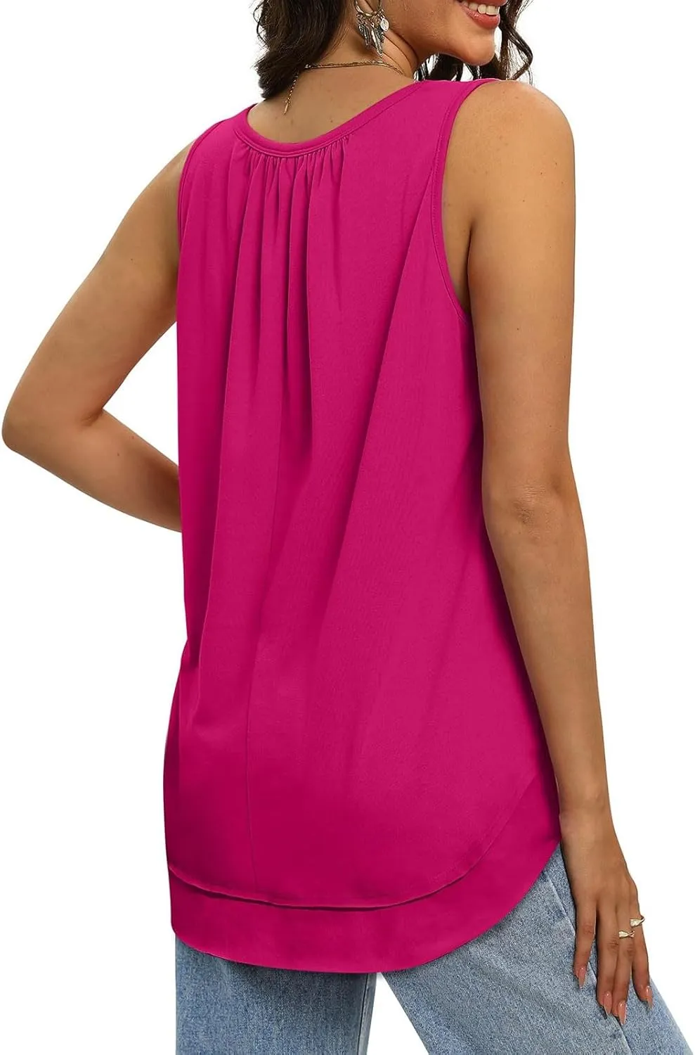 Womens Tank Tops Loose Fit Dressy Casual Sleeveless Shirt Summer Round Neck Pleated Front Tshirts with Curved Hem