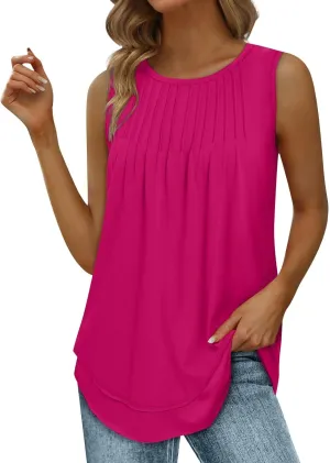 Womens Tank Tops Loose Fit Dressy Casual Sleeveless Shirt Summer Round Neck Pleated Front Tshirts with Curved Hem