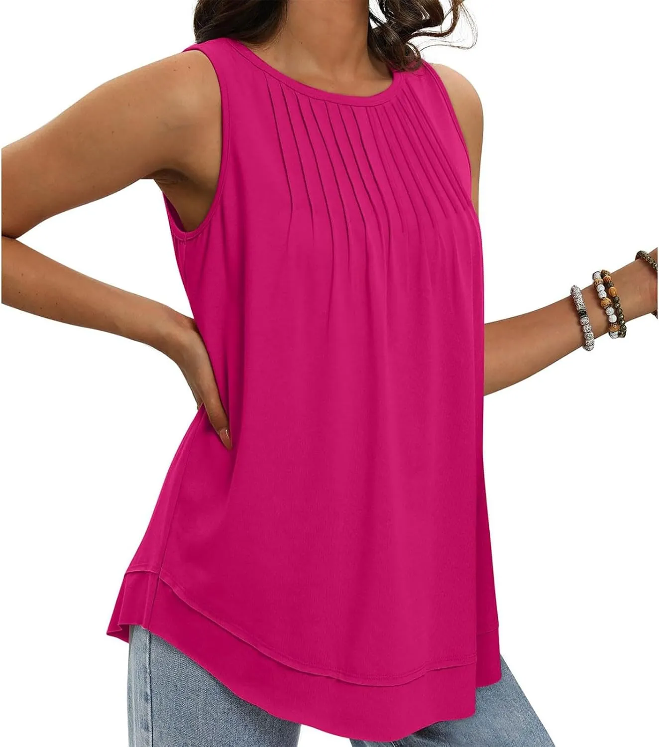 Womens Tank Tops Loose Fit Dressy Casual Sleeveless Shirt Summer Round Neck Pleated Front Tshirts with Curved Hem