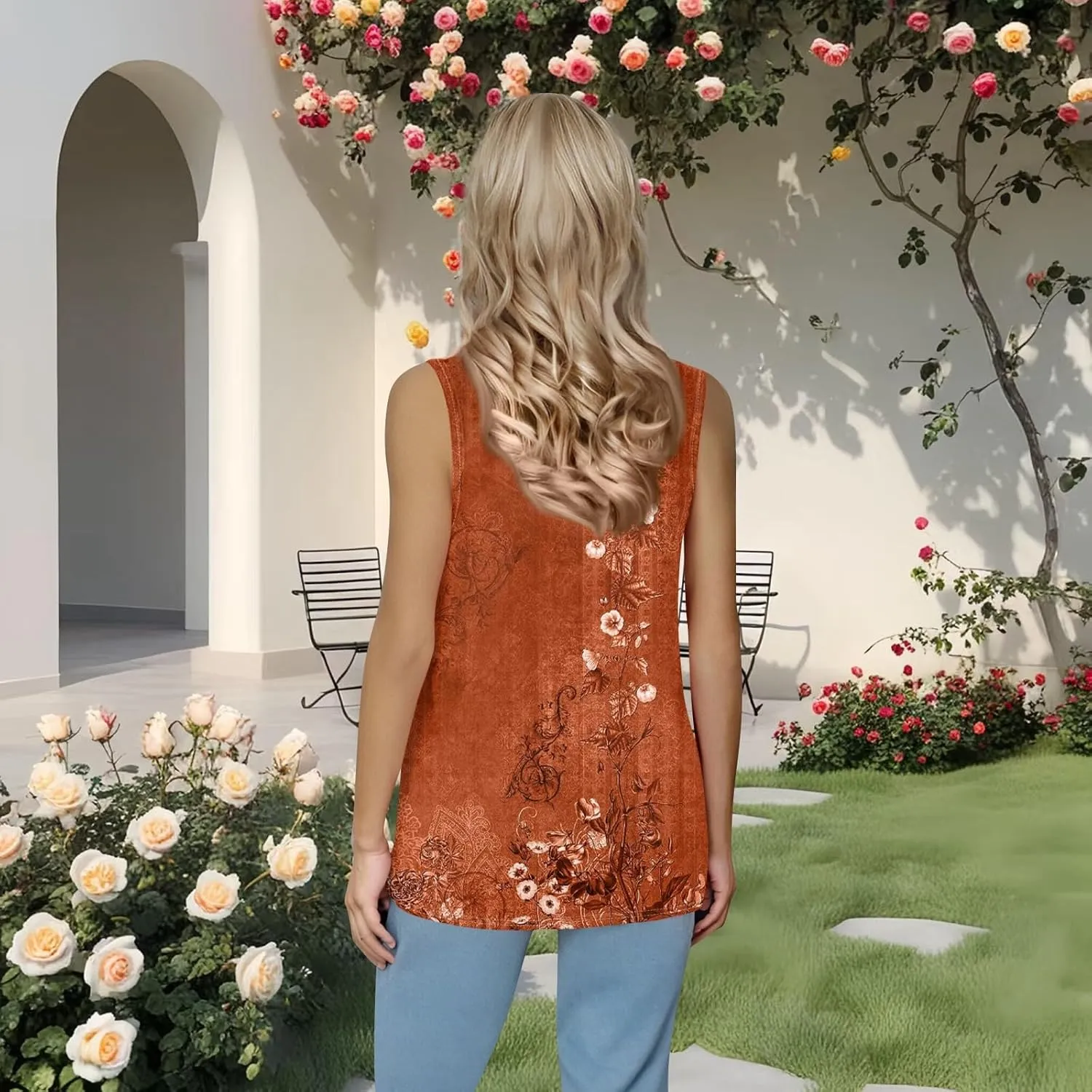 Womens Tank Tops Loose Fit Summer Casual Floral Print Pleated Square Neck Sleeveless Top Curved Hem Flowy Tanks