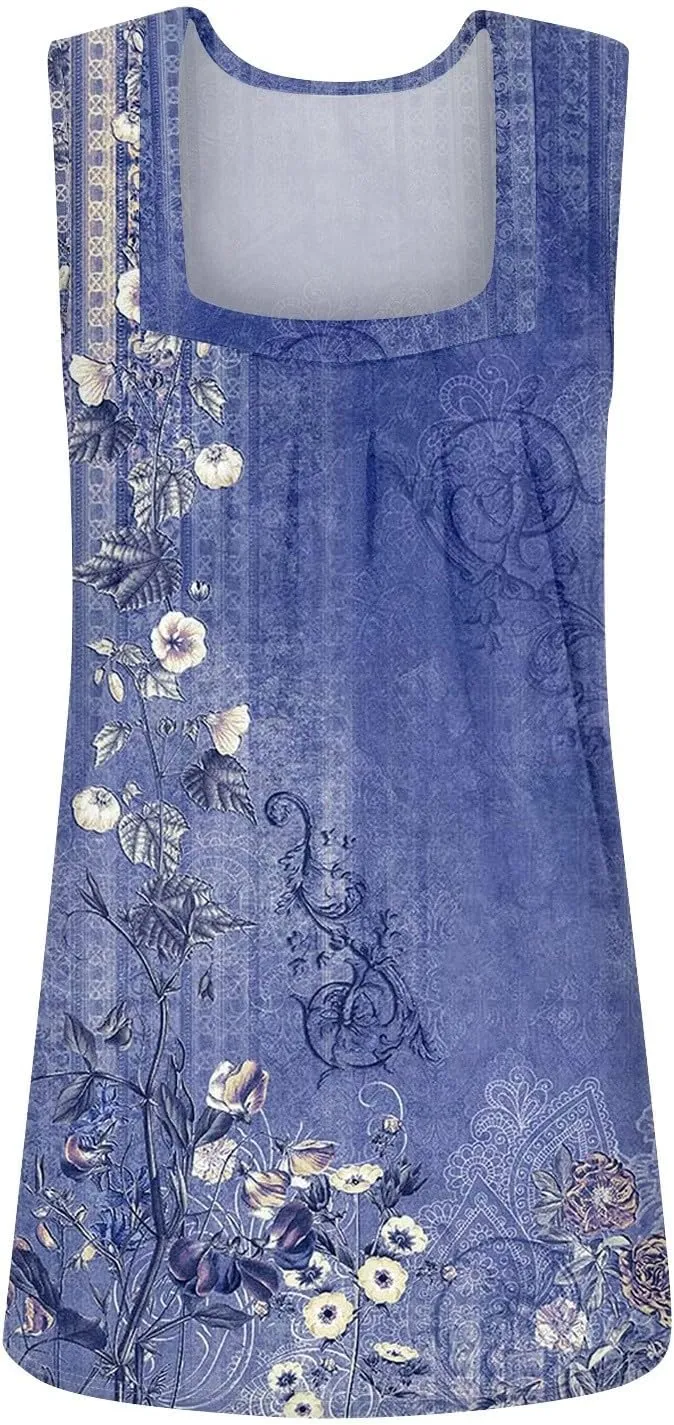 Womens Tank Tops Loose Fit Summer Casual Floral Print Pleated Square Neck Sleeveless Top Curved Hem Flowy Tanks